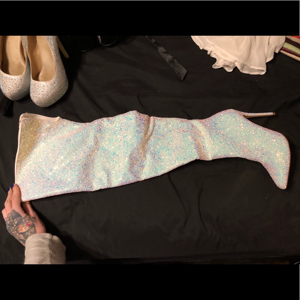 White glitter thigh high boots